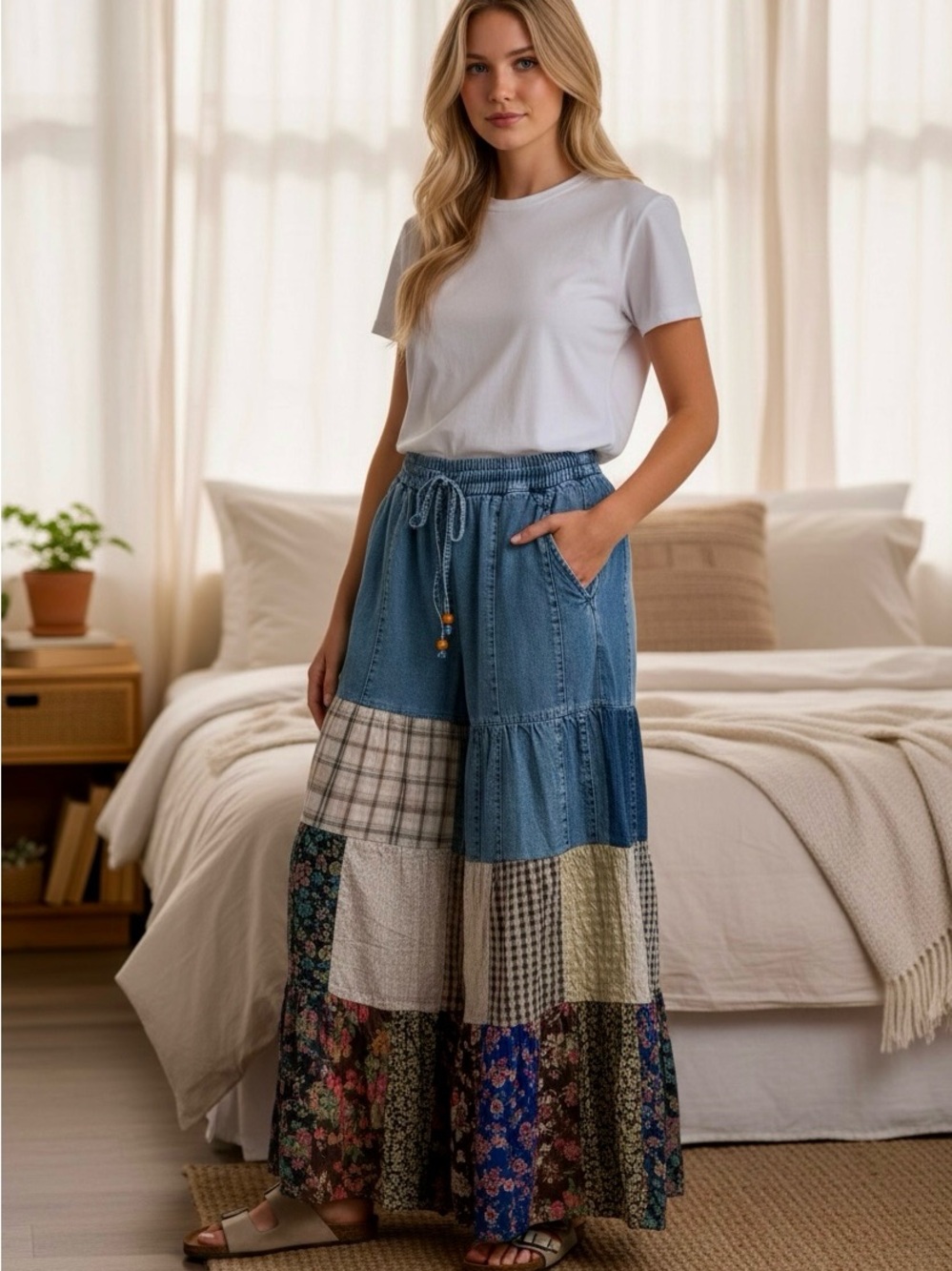 Young Threads Wide Leg Boho Patchwork Pants – Blue Denim Panel NWT - Picture 10 of 10